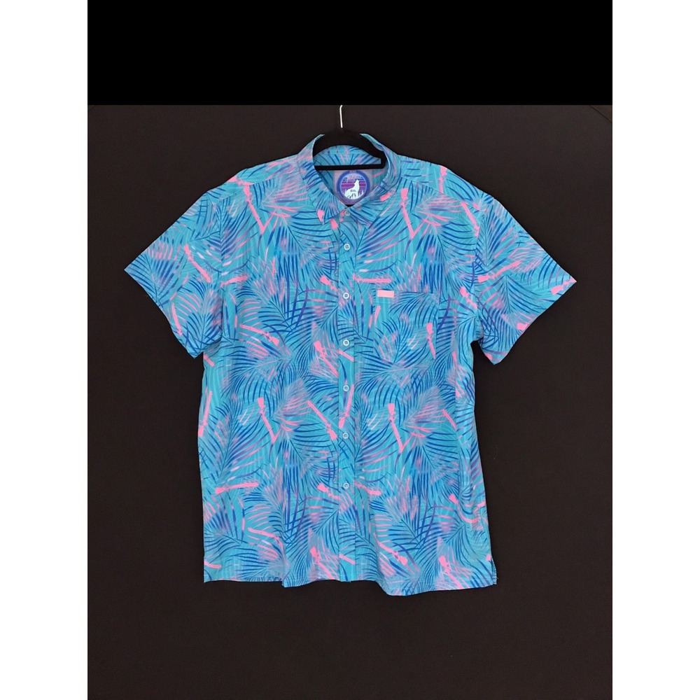 Retro Rifle Hawaiian Button Shirt Mens Pink Blue Vice Palm Tree Short Sleeve 2XL